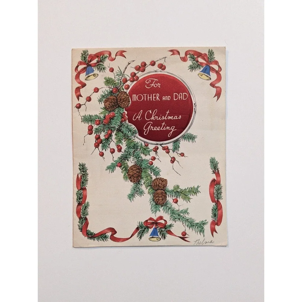 Vintage 1930's Christmas Card To Mother & Dad Rust Craft Boston 3-D Satin Fabric